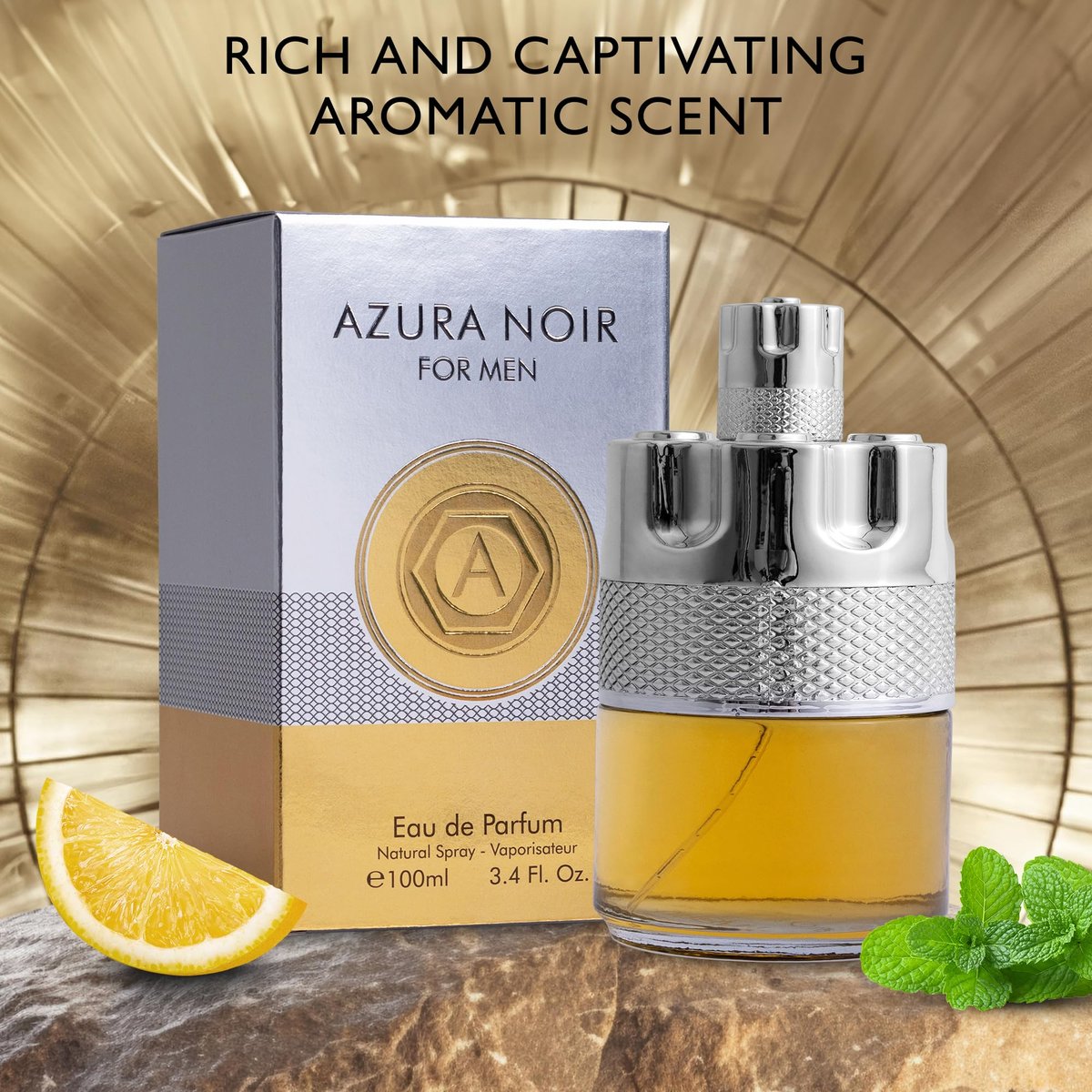 Azura Noir for Men Eau De Parfum - Woody Spicy Long-Lasting Cologne with Lemon, Ginger, Mint & Lavender - 100ml Avelisse