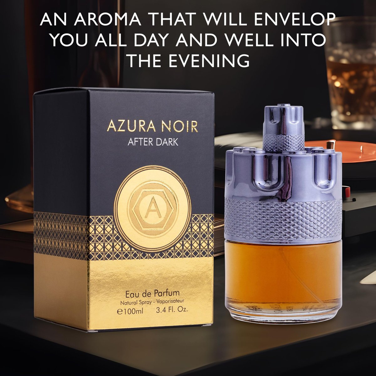 Azura Noir After Dark Eau De Parfum for Men - Woody Spicy Long-Lasting Cologne, Top Notes of Lemon, Mandarin Orange, Lavender & Cinnamon, 100ml Avelisse