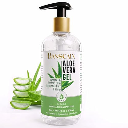 BANSCALX Aloe Vera Gel - 99% Pure Natural Aloe Vera - Hydrating & Soothing Gel for Face, Skin, Scalp & Hair – After Sun Care, Dry & Sensitive Skin, Non-Sticky, Alcohol-Free (10.14 oz)