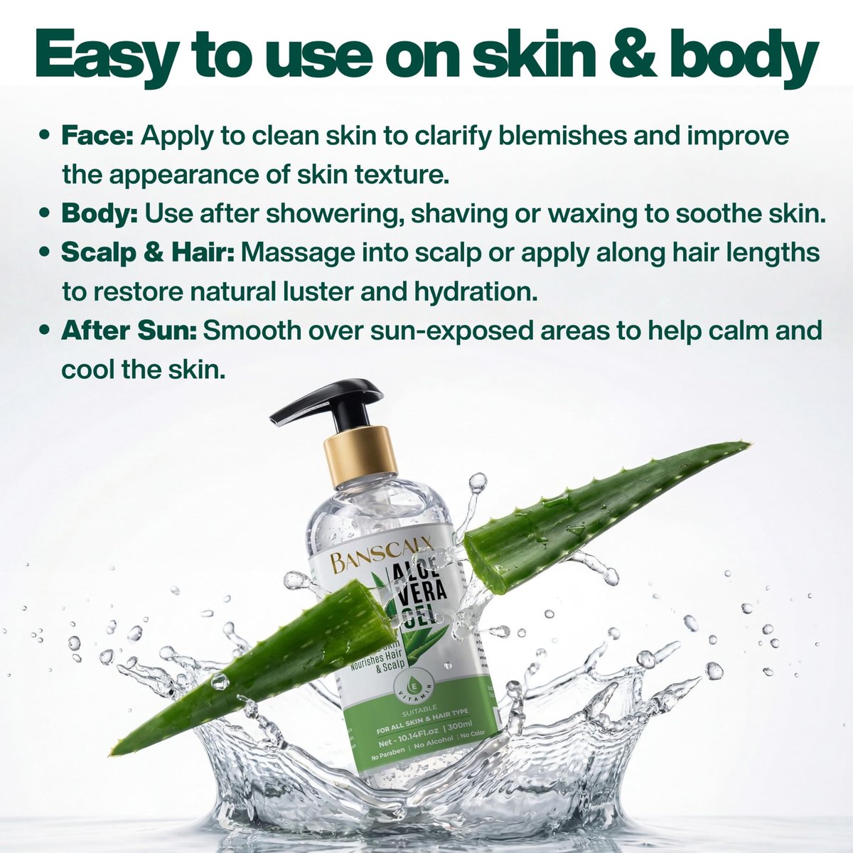 BANSCALX Aloe Vera Gel - 99% Pure Natural Aloe Vera - Hydrating & Soothing Gel for Face, Skin, Scalp & Hair – After Sun Care, Dry & Sensitive Skin, Non-Sticky, Alcohol-Free (10.14 oz) - görsel 7