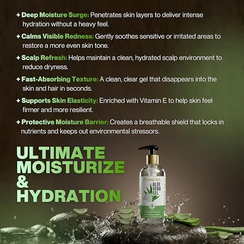BANSCALX Aloe Vera Gel - 99% Pure Natural Aloe Vera - Hydrating & Soothing Gel for Face, Skin, Scalp & Hair – After Sun Care, Dry & Sensitive Skin, Non-Sticky, Alcohol-Free (10.14 oz) - görsel 10