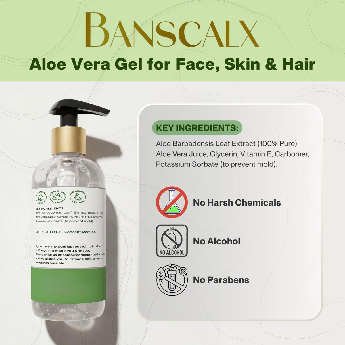 BANSCALX Aloe Vera Gel - 99% Pure Natural Aloe Vera - Hydrating & Soothing Gel for Face, Skin, Scalp & Hair – After Sun Care, Dry & Sensitive Skin, Non-Sticky, Alcohol-Free (10.14 oz) - görsel 11