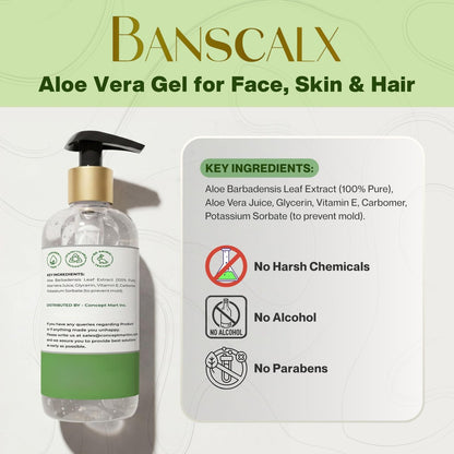 BANSCALX Aloe Vera Gel - 99% Pure Natural Aloe Vera - Hydrating & Soothing Gel for Face, Skin, Scalp & Hair – After Sun Care, Dry & Sensitive Skin, Non-Sticky, Alcohol-Free (10.14 oz)