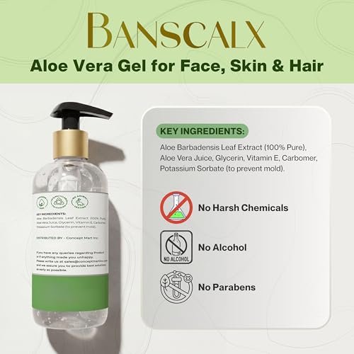 BANSCALX Aloe Vera Gel - 99% Pure Natural Aloe Vera - Hydrating & Soothing Gel for Face, Skin, Scalp & Hair – After Sun Care, Dry & Sensitive Skin, Non-Sticky, Alcohol-Free (10.14 oz) - görsel 12