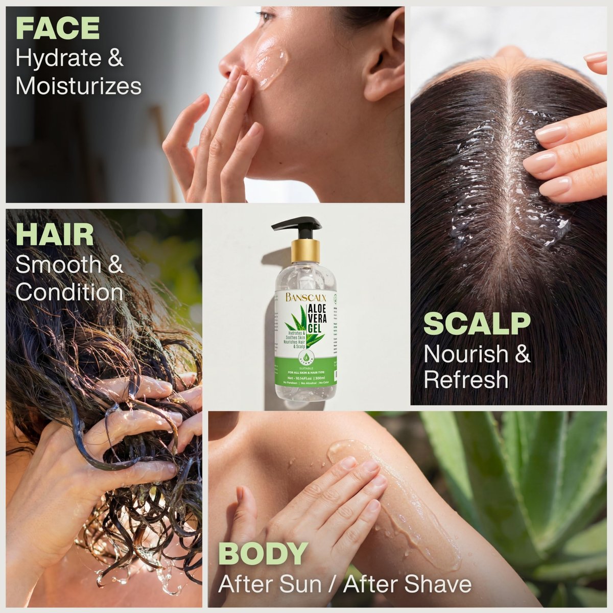 BANSCALX Aloe Vera Gel - 99% Pure Natural Aloe Vera - Hydrating & Soothing Gel for Face, Skin, Scalp & Hair – After Sun Care, Dry & Sensitive Skin, Non-Sticky, Alcohol-Free (10.14 oz) - görsel 5