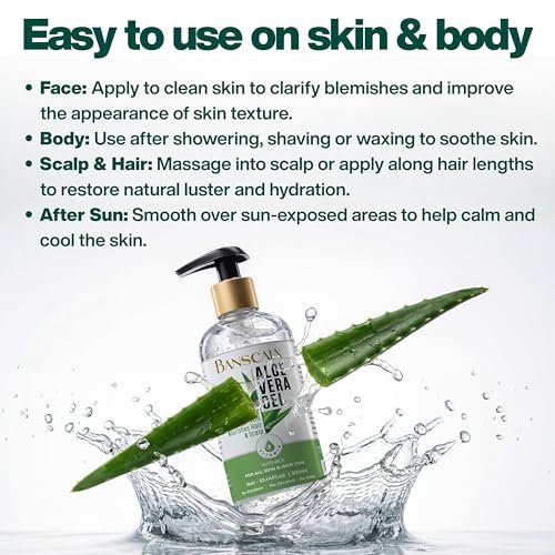 BANSCALX Aloe Vera Gel - 99% Pure Natural Aloe Vera - Hydrating & Soothing Gel for Face, Skin, Scalp & Hair – After Sun Care, Dry & Sensitive Skin, Non-Sticky, Alcohol-Free (10.14 oz) - görsel 8