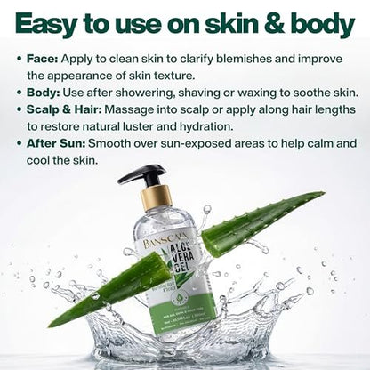 BANSCALX Aloe Vera Gel - 99% Pure Natural Aloe Vera - Hydrating & Soothing Gel for Face, Skin, Scalp & Hair – After Sun Care, Dry & Sensitive Skin, Non-Sticky, Alcohol-Free (10.14 oz)