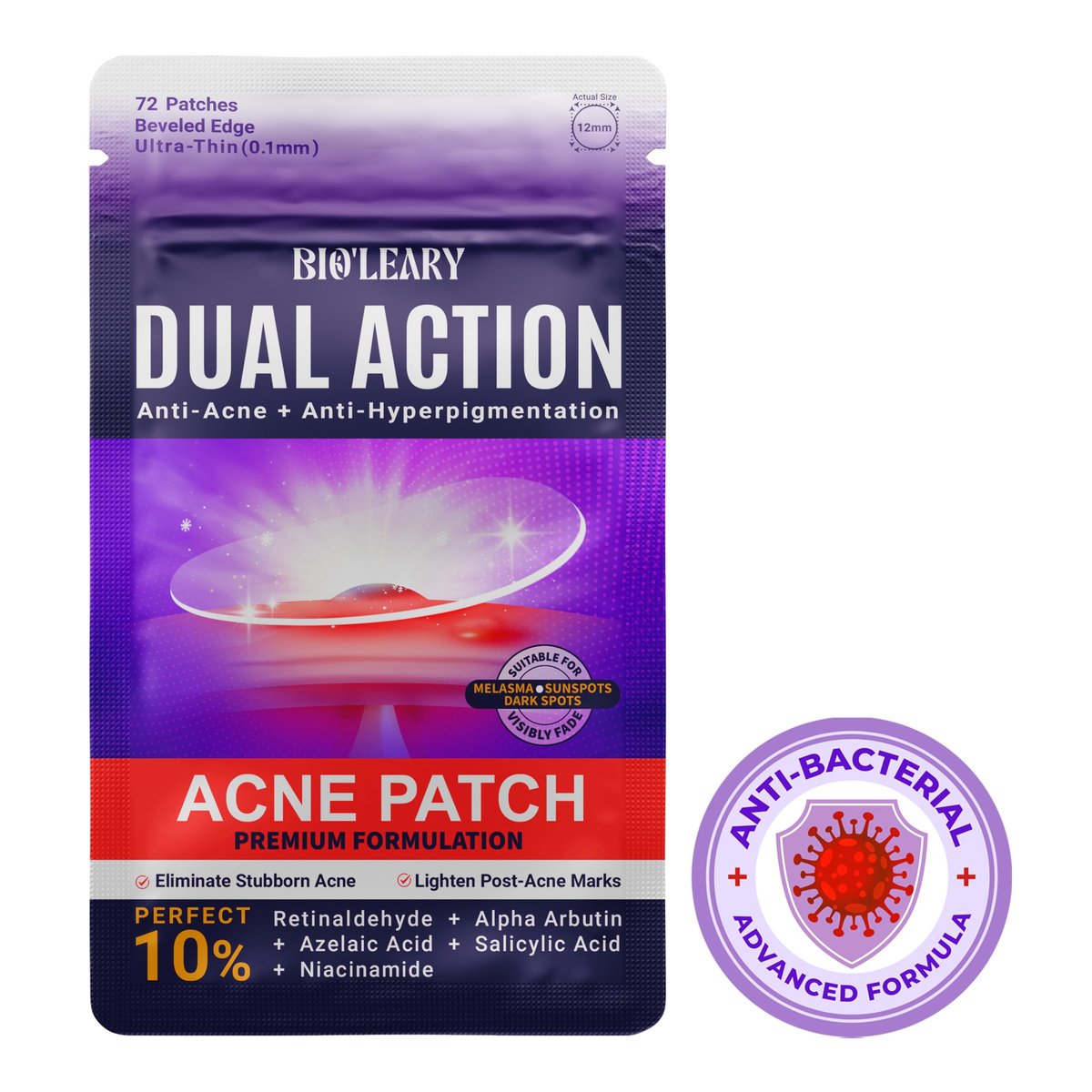 BIO'LEARY FSA HSA Acne Treatment | Anti-Bacterial Pimple Patches | Fast Acne Drying Treatment | Dual Action Acne Patch | Hydrocolloid Spot Cover | Zit Stickers | 72 Counts - görsel 1