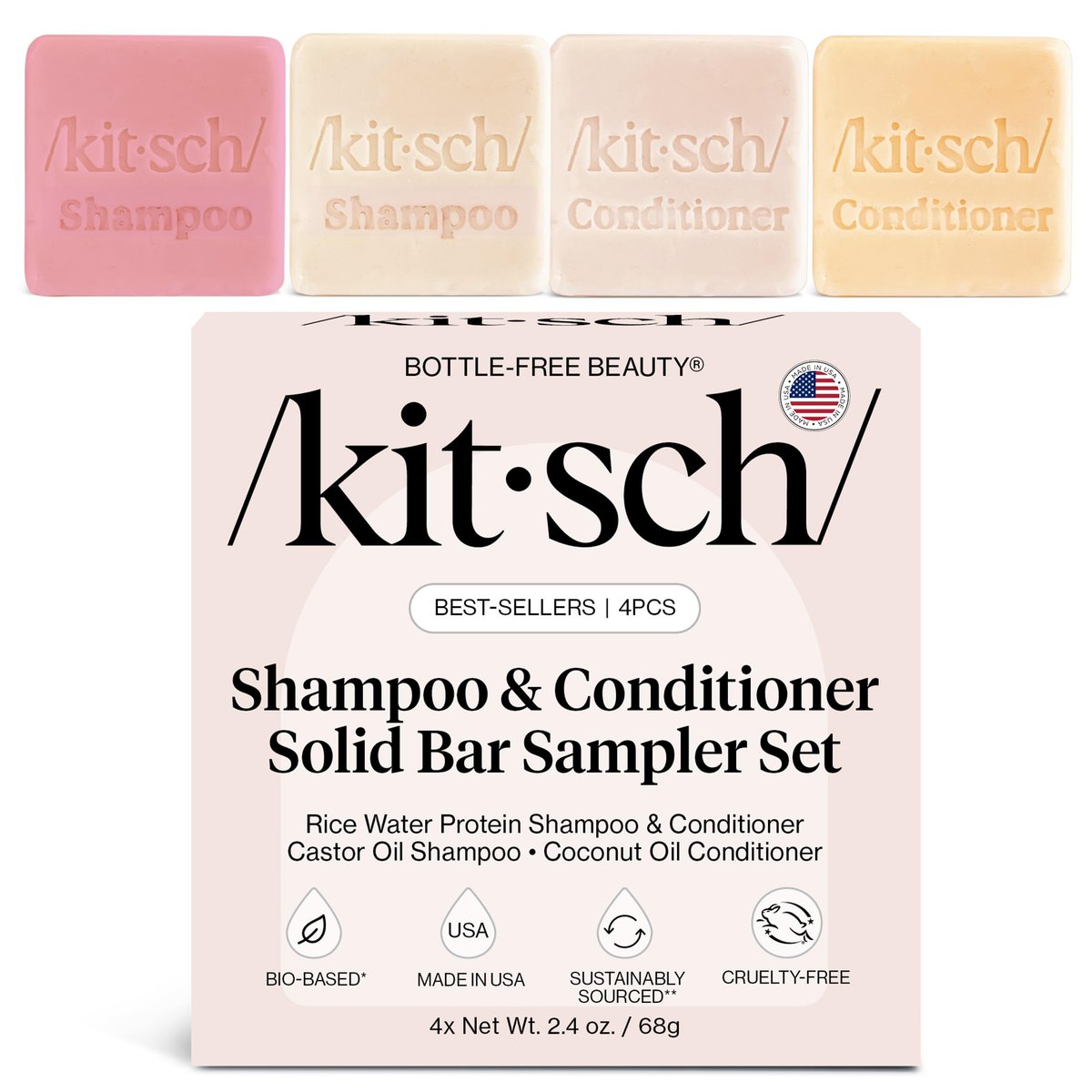 Kitsch Shampoo and Conditioner Set - 4pc Sampler Bars: Rice Water, Castor Oil & Coconut Oil for Hair Growth, Repair & Moisture - Bottle-Free Beauty Avelisse