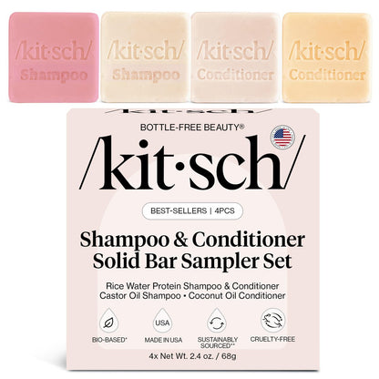 Kitsch Shampoo and Conditioner Set - 4pc Sampler Bars: Rice Water, Castor Oil & Coconut Oil for Hair Growth, Repair & Moisture - Bottle-Free Beauty Avelisse