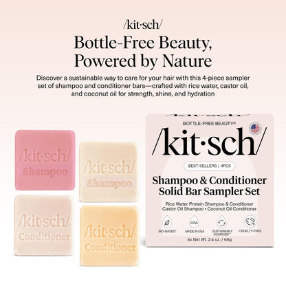 Kitsch Shampoo and Conditioner Set - 4pc Sampler Bars: Rice Water, Castor Oil & Coconut Oil for Hair Growth, Repair & Moisture - Bottle-Free Beauty Avelisse