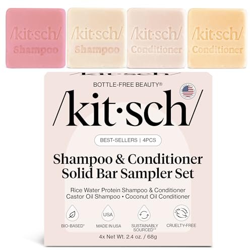 Kitsch Shampoo and Conditioner Set - 4pc Sampler Bars: Rice Water, Castor Oil & Coconut Oil for Hair Growth, Repair & Moisture - Bottle-Free Beauty Avelisse