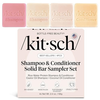 Kitsch Shampoo and Conditioner Set - 4pc Sampler Bars: Rice Water, Castor Oil & Coconut Oil for Hair Growth, Repair & Moisture - Bottle-Free Beauty Avelisse