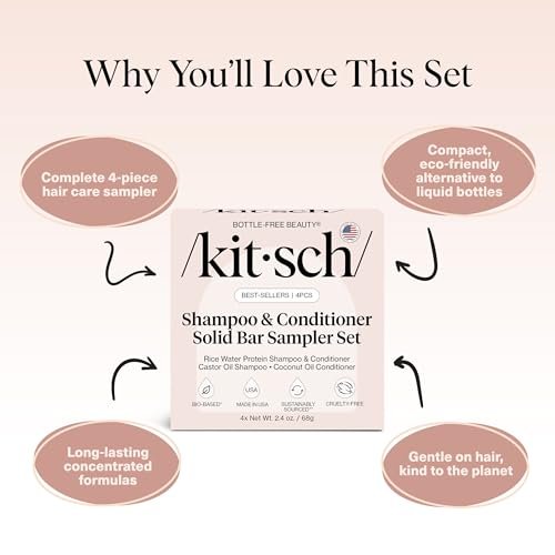 Kitsch Shampoo and Conditioner Set - 4pc Sampler Bars: Rice Water, Castor Oil & Coconut Oil for Hair Growth, Repair & Moisture - Bottle-Free Beauty Avelisse