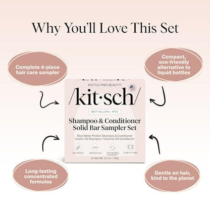 Kitsch Shampoo and Conditioner Set - 4pc Sampler Bars: Rice Water, Castor Oil & Coconut Oil for Hair Growth, Repair & Moisture - Bottle-Free Beauty Avelisse