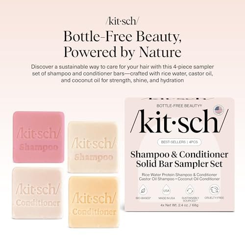 Kitsch Shampoo and Conditioner Set - 4pc Sampler Bars: Rice Water, Castor Oil & Coconut Oil for Hair Growth, Repair & Moisture - Bottle-Free Beauty Avelisse