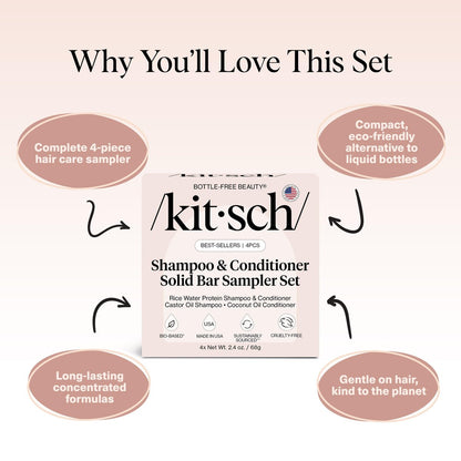 Kitsch Shampoo and Conditioner Set - 4pc Sampler Bars: Rice Water, Castor Oil & Coconut Oil for Hair Growth, Repair & Moisture - Bottle-Free Beauty Avelisse