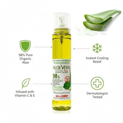 BioMiracle 98% Organic Aloe Vera Mist (3.9 oz x 3) – Cooling Sunburn Relief, Hydrating Face Spray with Vitamins C & E for Dry or Irritated Skin Avelisse