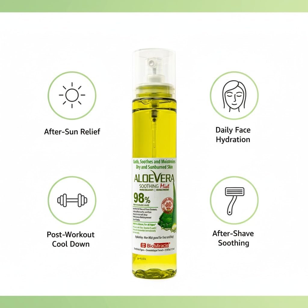 BioMiracle 98% Organic Aloe Vera Mist (3.9 oz x 3) – Cooling Sunburn Relief, Hydrating Face Spray with Vitamins C & E for Dry or Irritated Skin Avelisse