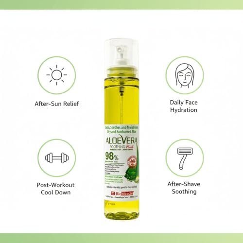 BioMiracle 98% Organic Aloe Vera Mist (3.9 oz x 3) – Cooling Sunburn Relief, Hydrating Face Spray with Vitamins C & E for Dry or Irritated Skin Avelisse