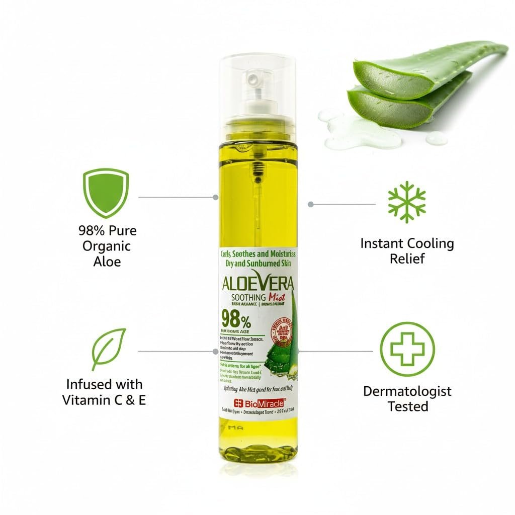 BioMiracle 98% Organic Aloe Vera Mist (3.9 oz x 3) – Cooling Sunburn Relief, Hydrating Face Spray with Vitamins C & E for Dry or Irritated Skin Avelisse