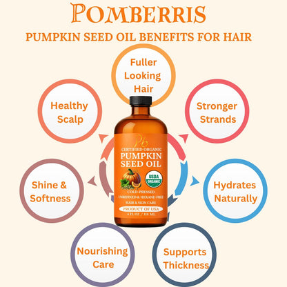 Pumpkin Seed Oil – USDA Organic, Cold-Pressed & 100% Pure, Unrefined, Pumpkin Oil for Hair Growth, Dry Skin & Face – Natural Anti-Aging Moisturizer & Hair Oil for Dry, Damaged Hair – Glass Bottle
