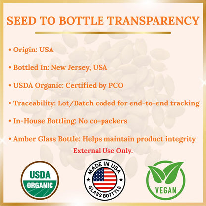 Pumpkin Seed Oil – USDA Organic, Cold-Pressed & 100% Pure, Unrefined, Pumpkin Oil for Hair Growth, Dry Skin & Face – Natural Anti-Aging Moisturizer & Hair Oil for Dry, Damaged Hair – Glass Bottle