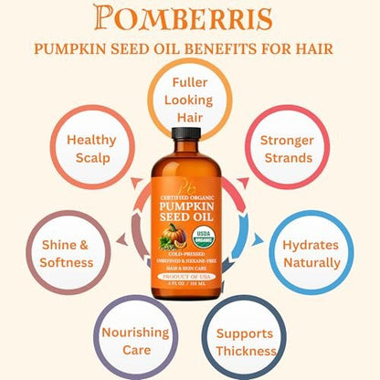Pumpkin Seed Oil – USDA Organic, Cold-Pressed & 100% Pure, Unrefined, Pumpkin Oil for Hair Growth, Dry Skin & Face – Natural Anti-Aging Moisturizer & Hair Oil for Dry, Damaged Hair – Glass Bottle
