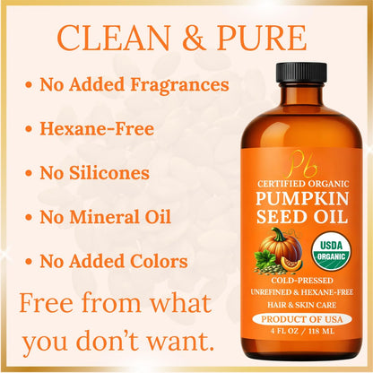 Pumpkin Seed Oil – USDA Organic, Cold-Pressed & 100% Pure, Unrefined, Pumpkin Oil for Hair Growth, Dry Skin & Face – Natural Anti-Aging Moisturizer & Hair Oil for Dry, Damaged Hair – Glass Bottle