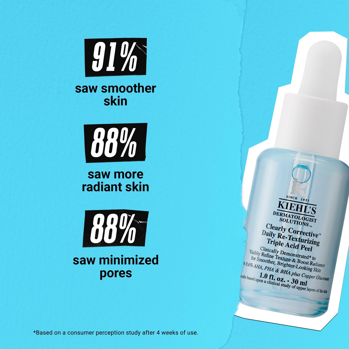 Kiehl's Clearly Corrective Daily Re-Texturizing Triple Acid Peel Serum - Gentle Exfoliating Facial Peel with Salicylic, Glycolic & Lactic Acid, 1 fl oz Avelisse