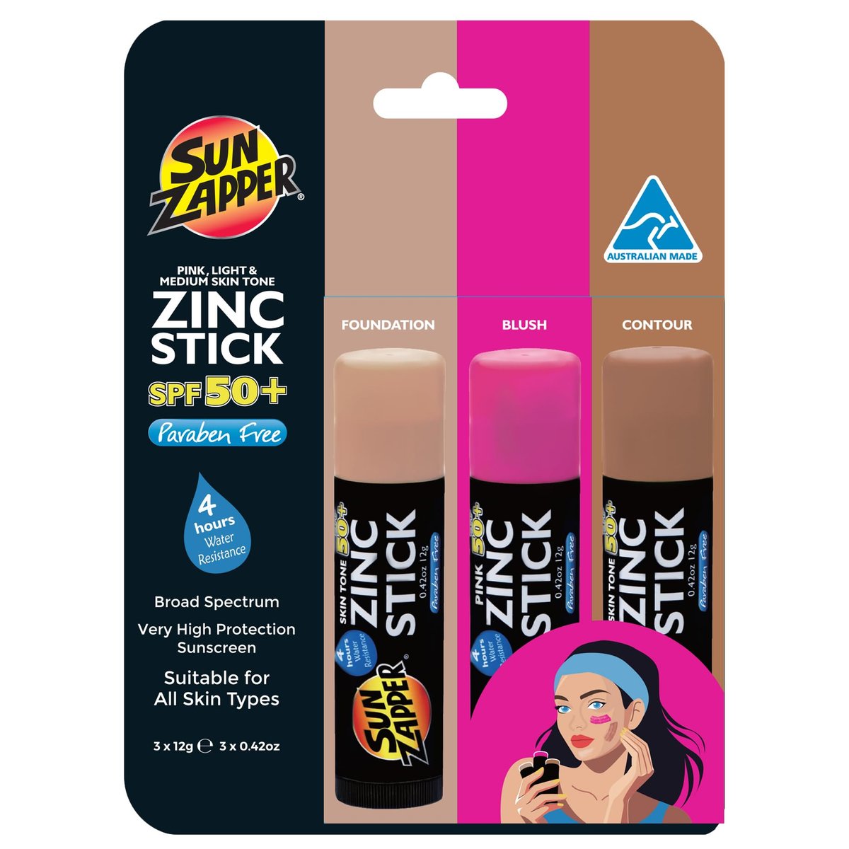 Sun Zapper Zinc Sunscreen Stick Beauty 3-Pack SPF 50+ (Light, Dark, Pink) – Tinted Mineral Sunscreen for Face, Makeup SPF Blush Stick, Water Resistant, Travel Size 12g (0.42 oz) Each, Australian Made Avelisse