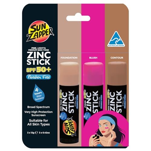Sun Zapper Zinc Sunscreen Stick Beauty 3-Pack SPF 50+ (Light, Dark, Pink) – Tinted Mineral Sunscreen for Face, Makeup SPF Blush Stick, Water Resistant, Travel Size 12g (0.42 oz) Each, Australian Made Avelisse