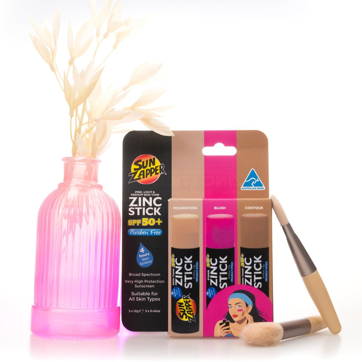 Sun Zapper Zinc Sunscreen Stick Beauty 3-Pack SPF 50+ (Light, Dark, Pink) – Tinted Mineral Sunscreen for Face, Makeup SPF Blush Stick, Water Resistant, Travel Size 12g (0.42 oz) Each, Australian Made Avelisse