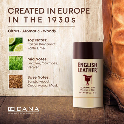 English Leather Deodorant for Men - Classic & Masculine with Long Lasting Citrus, Aromatic & Woody Scent (2.6 Oz / 75 g) Avelisse