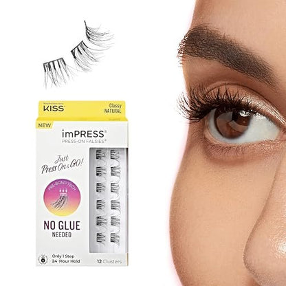 imPRESS Kiss Impress Falsies Press On Self Adhesive Eyelashes - Natural Volume, 10mm-12mm, Black, No Glue Needed, Invisible Band, 12 Lash Clusters - Classy