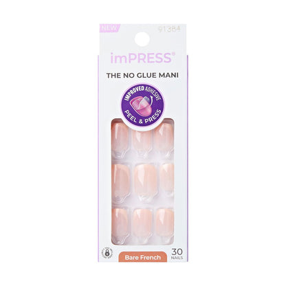 imPRESS No Glue Mani Press On Nails - French 'Heroic' Light Neutral + White Tip, Short Squoval, 30 Nails + Prep Pad & Tools