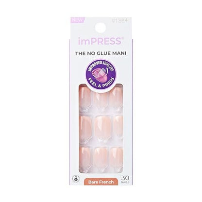 imPRESS No Glue Mani Press On Nails - French 'Heroic' Light Neutral + White Tip, Short Squoval, 30 Nails + Prep Pad & Tools
