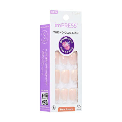imPRESS No Glue Mani Press On Nails - French 'Heroic' Light Neutral + White Tip, Short Squoval, 30 Nails + Prep Pad & Tools