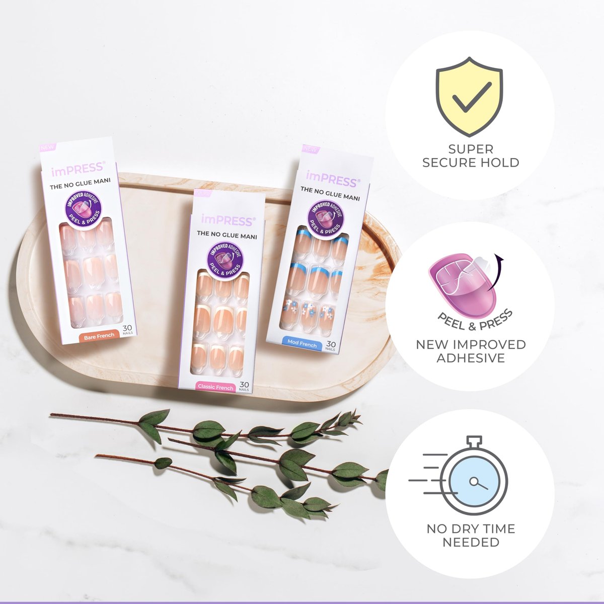 imPRESS No Glue Mani Press On Nails - French 'Heroic' Light Neutral + White Tip, Short Squoval, 30 Nails + Prep Pad & Tools - görsel 7