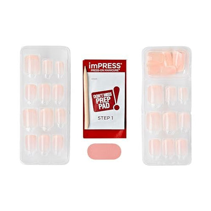 imPRESS No Glue Mani Press On Nails - French 'Heroic' Light Neutral + White Tip, Short Squoval, 30 Nails + Prep Pad & Tools