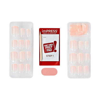 imPRESS No Glue Mani Press On Nails - French 'Heroic' Light Neutral + White Tip, Short Squoval, 30 Nails + Prep Pad & Tools