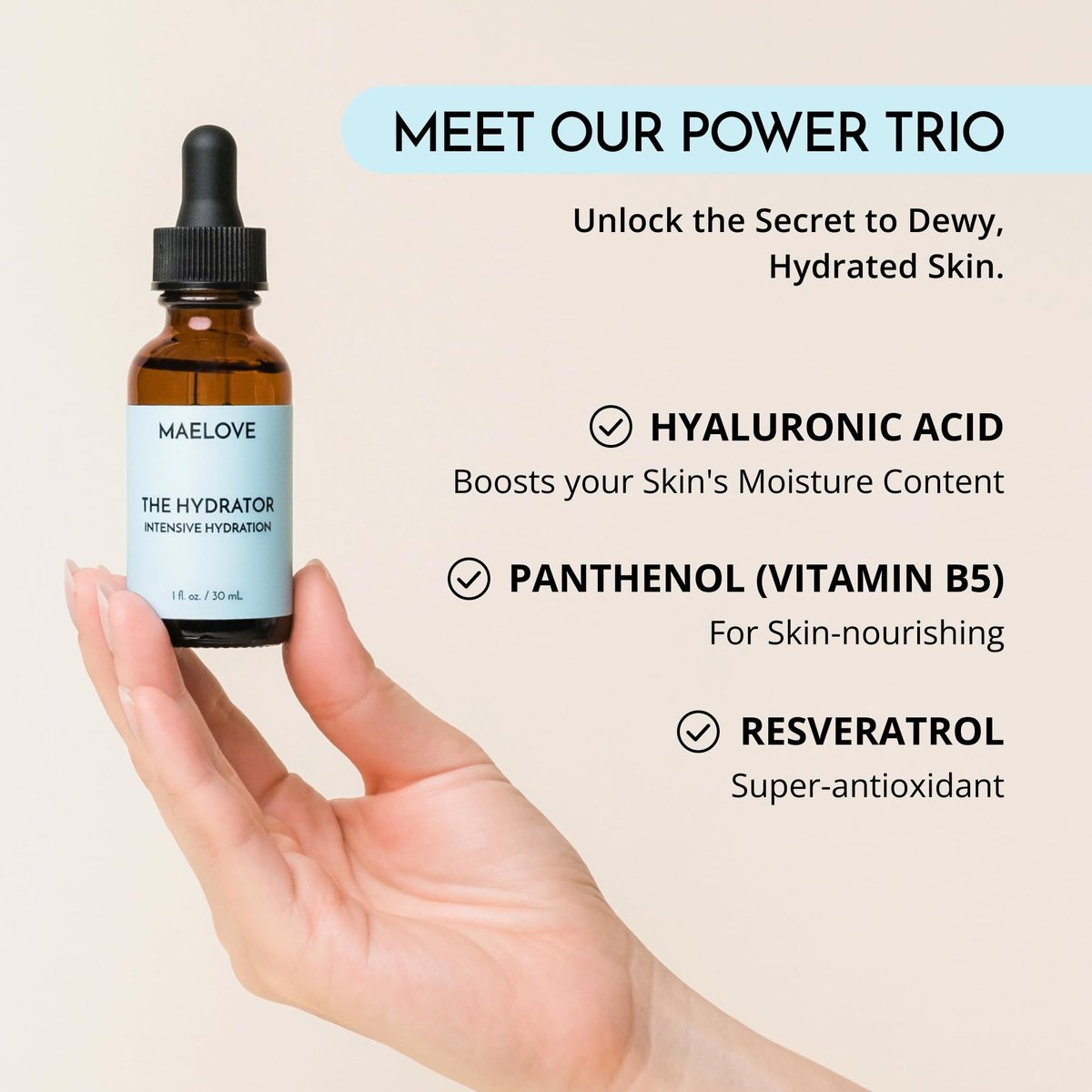 MAELOVE Hydrator Hyaluronic Acid B5 Serum with Resveratrol – Dewy Glow, Fill Fine Lines, Lightweight, 1 fl oz Avelisse