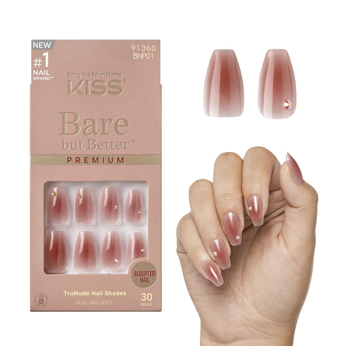 KISS Bare But Better Press On Nails - Shine, Dark Pink, Medium Coffin - 30 Nails with Glue - görsel 2