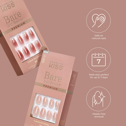 KISS Bare But Better Press On Nails - Shine, Dark Pink, Medium Coffin - 30 Nails with Glue