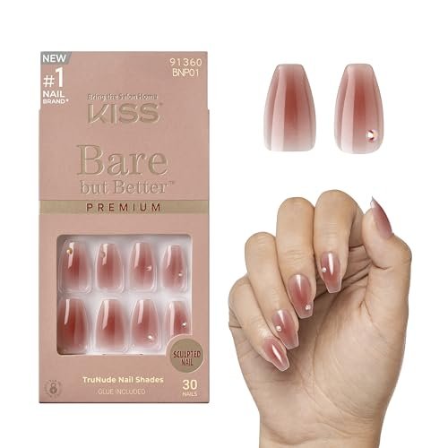 KISS Bare But Better Press On Nails - Shine, Dark Pink, Medium Coffin - 30 Nails with Glue - görsel 1