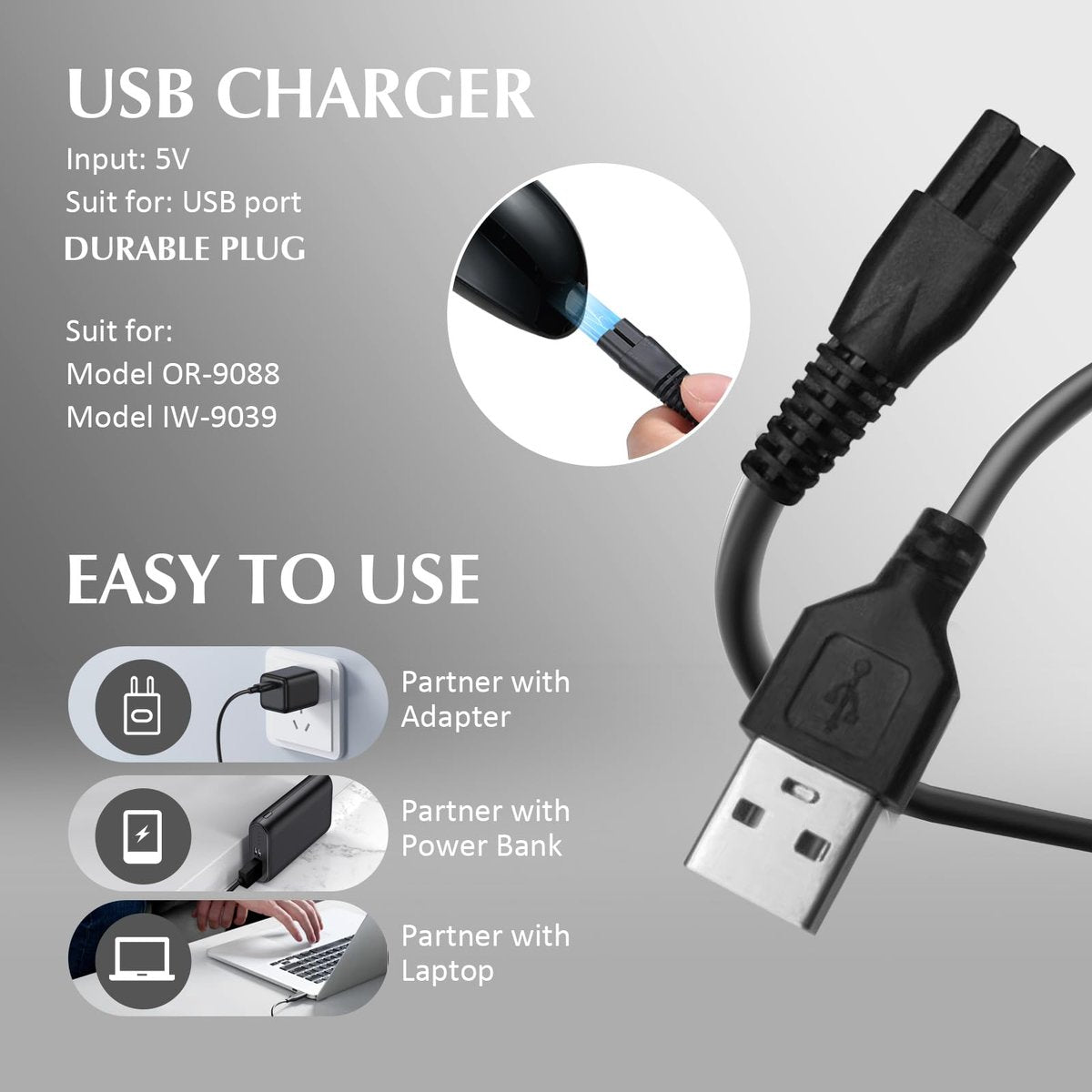 Orauley USB Charging Cable for Facial Cleansing Brushes - Durable Metal Cord Replacement for OR-9088-Black & IW-9039-Rose Gold - görsel 4