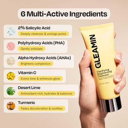 Gleamin Clarifying Brightening Cleanser - 2% Salicylic Acid with Vitamin C, PHA & AHA, Fragrance Free Face Wash for All Skin Types, 3.4 fl oz Avelisse