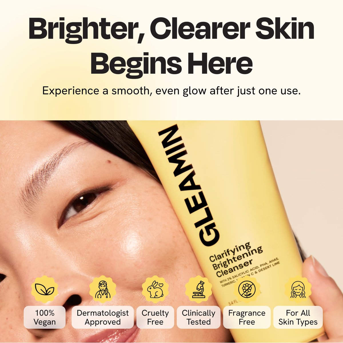 Gleamin Clarifying Brightening Cleanser - 2% Salicylic Acid with Vitamin C, PHA & AHA, Fragrance Free Face Wash for All Skin Types, 3.4 fl oz Avelisse