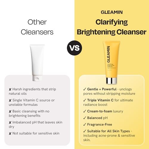 Gleamin Clarifying Brightening Cleanser - 2% Salicylic Acid with Vitamin C, PHA & AHA, Fragrance Free Face Wash for All Skin Types, 3.4 fl oz Avelisse