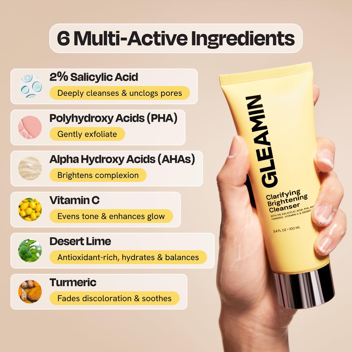 Gleamin Clarifying Brightening Cleanser - 2% Salicylic Acid with Vitamin C, PHA & AHA, Fragrance Free Face Wash for All Skin Types, 3.4 fl oz Avelisse